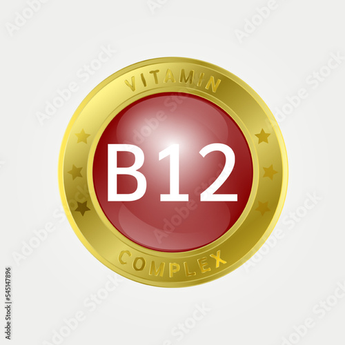 Vitamin B12 Icon structure circle brown, gold border. Pill complex, collagen serum chemical formula. Beauty treatment nutrition skin care design, healthy. Medical, scientific. 3D Vector EPS10.