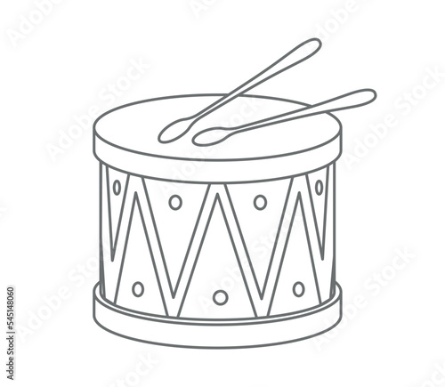Drum with sticks Baby Toy. Vector illustration of Snare in white and black colors on isolated background for coloring book. Drawing of vintage wooden acoustic instrument in outline style for child.