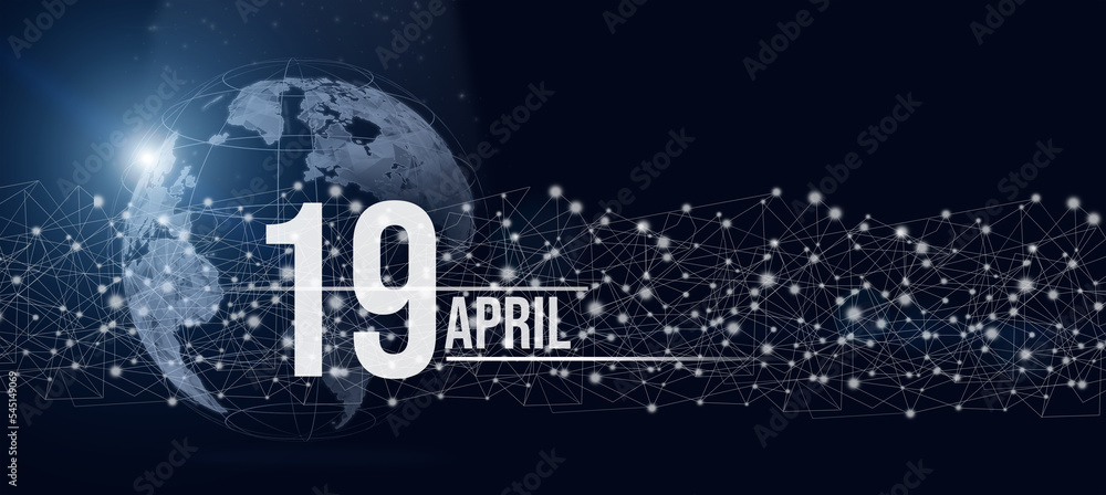 April 19th. Day 19 of month, Calendar date. Calendar day hologram of the planet earth in blue gradient style. Global futuristic communication network. Spring month, day of the year concept.