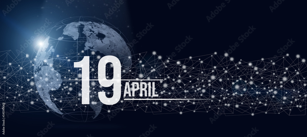 April 19th. Day 19 of month, Calendar date. Calendar day hologram of the planet earth in blue gradient style. Global futuristic communication network. Spring month, day of the year concept. April 19th. Day 19 of month, Calendar date. Calendar day hologram of the planet earth in blue gradient style. Global futuristic communication network. Spring month, day of the year concept.