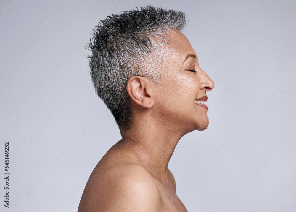 Obraz premium Skincare, beauty and woman in antiaging headshot, healthy skin profile and natural cosmetics pose against studio background. Facial, face and treatment, wellness for aging with cosmetic mockup.