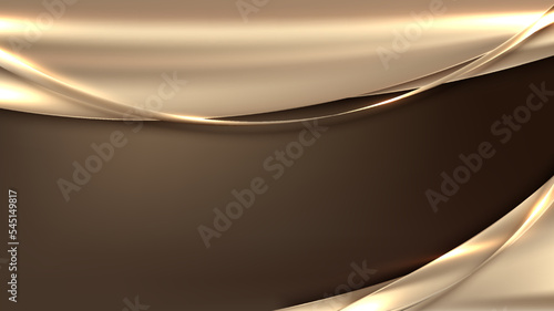 3D modern luxury banner web template design golden wave shapes and gold lines with light sparking on brown background