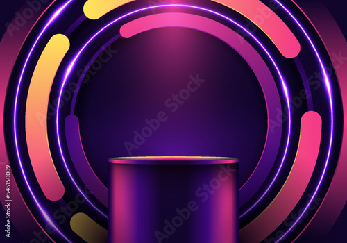 3D podium bright color circles rounded pattern with glowing neon lighting decoration on black background retro style