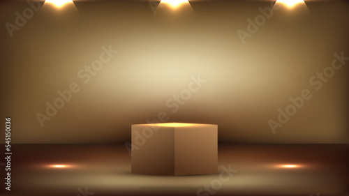 3D empty podium elegant golden studio room background with spotlight on stage background