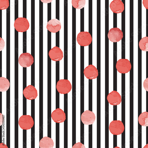 Black and white vertical stripes and watercolor polkadots. Dainty geometric seamless pattern. Allover printed repeating texture