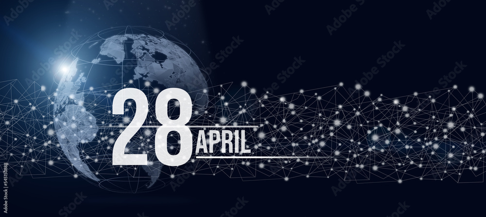 April 28th. Day 28 of month, Calendar date. Calendar day hologram of the planet earth in blue gradient style. Global futuristic communication network.  Spring month, day of the year concept.