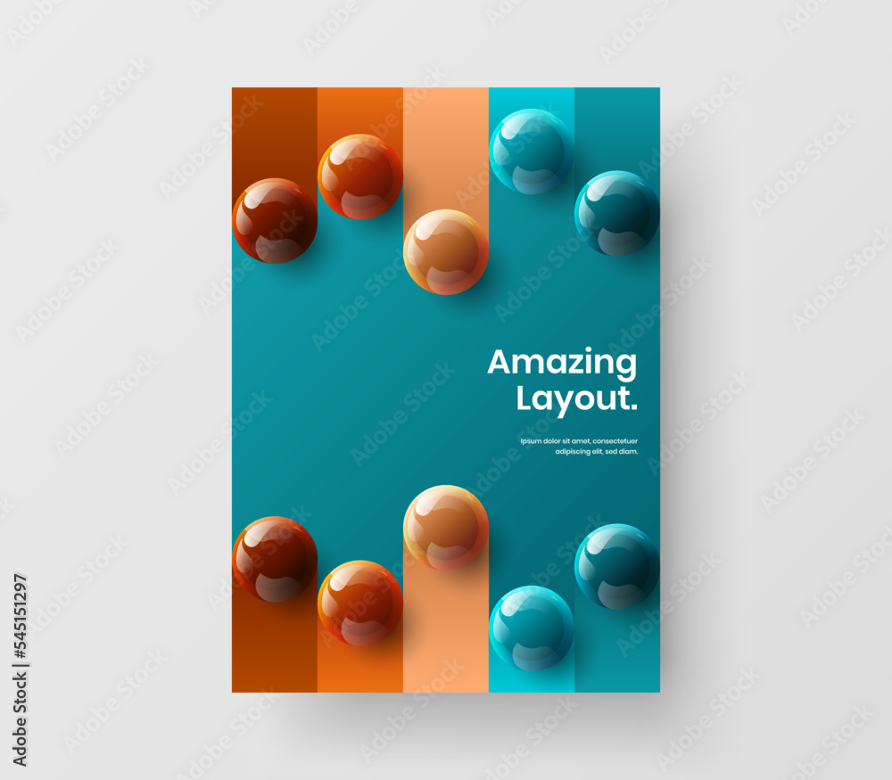 Trendy leaflet A4 design vector concept. Clean 3D spheres magazine cover layout.