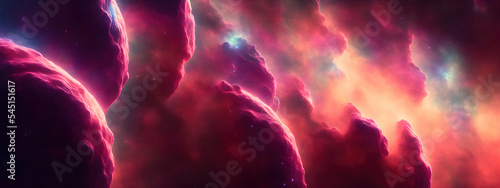 Nebula galaxy background with purple blue outer space 3D cosmos clouds and beautiful universe night stars 8K photo