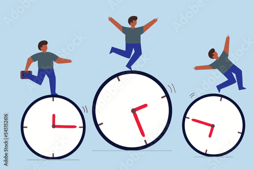 Time management, work schedule and deadline. businessmen riding rolling clock face with confidence skillful man in the middle success manage to reach target