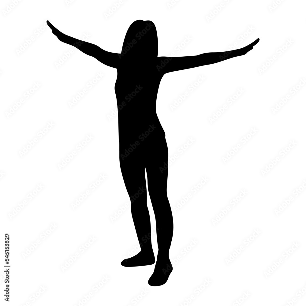 Female silhouette symbol freedom. Woman with arms outstretched to sides black shadow. Abstract young girl isolated vector illustration