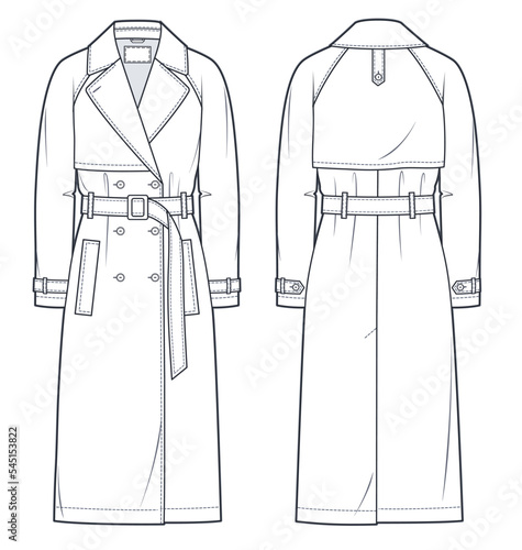 Raglan Sleeve Trench Coat technical fashion Illustration. Classic Trench Coat fashion technical drawing template, midi length, pocket, front and back view, white, women, men, unisex CAD mockup set.