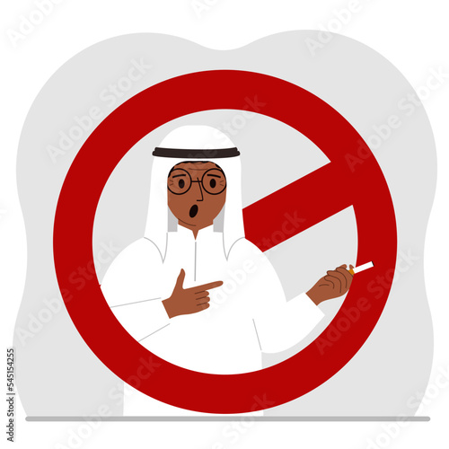 A man with a cigarette in his hand. Around the man is a red prohibition sign. The concept of addiction to smoking and the ban on smoking.