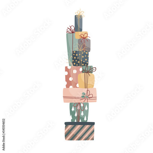 Extremely high pile of Christmas presents in pastel colors. Modern winter season poster, brochure, wall art design. Christmas greeting card. Vector illustration