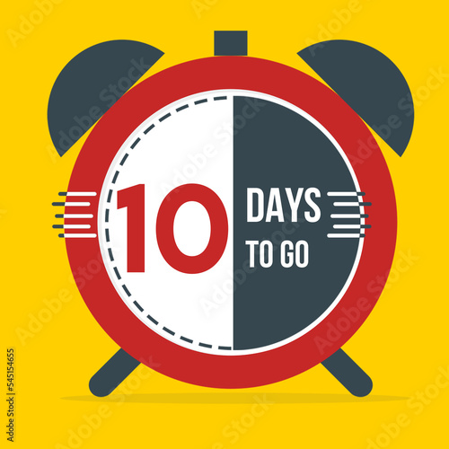 Number of days left sign with clock. Useful icon for upcoming events. Nine, eight, seven, six, five, four, three, two, one, zero days to go, with yellow and white background
