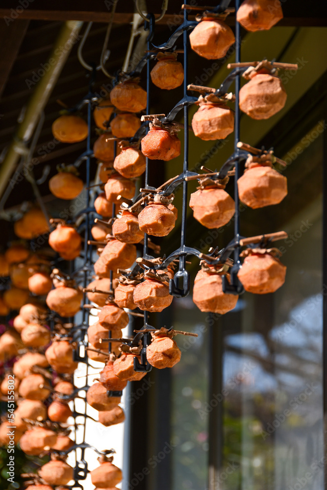 日本の秋の風景　和風住宅に吊るされた干し柿