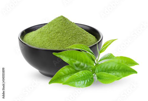 Matcha green tea in black bowl and leaves isolated on transparent png