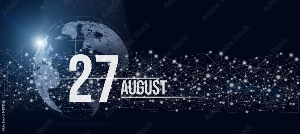 August 27th. Day 27 of month, Calendar date. Calendar day hologram of the planet earth in blue gradient style. Global futuristic communication network. Summer month, day of the year concept.