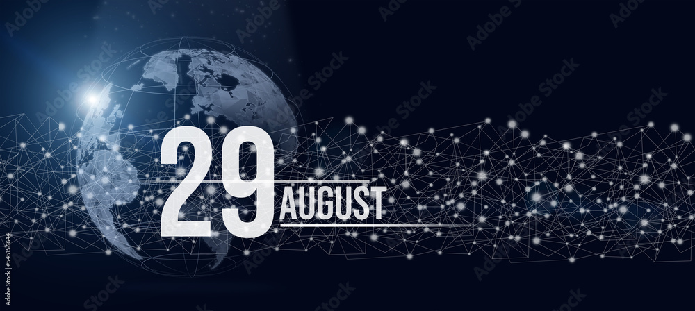 August 29th. Day 29 of month, Calendar date. Calendar day hologram of the planet earth in blue gradient style. Global futuristic communication network. Summer month, day of the year concept.
