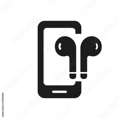 Mobile Phone with Headphone Pictogram. Smartphone with Earphone Silhouette Icon. Headset, Cellphone Glyph Symbol. Audio Technology, Electronic Equipment. Isolated Vector Illustration