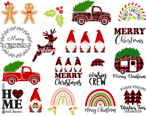 Christmas Svg bundle - old vintage truck, Merry Christmas sign, mistletoe, buffalo plaid reindeer, gingerbread, rainbow. Christmas gnomes vector isolated on white background. Christmas clipart