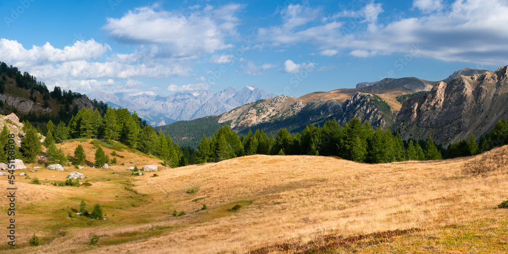 Panoramic summer view from Col du Lauzet above the village of Saint-Crepin. In the distance, the Pelvoux mountain peak and its glacier. Hautes-Alpes, Alps, France