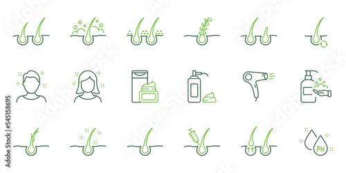 Hair Beauty Care Line Icons. Treatment and Problem of Hair. Hair Care and Loss Problem. Cosmetic Products for Hairstyle Color Outline Icons. Editable Stroke. Isolated Vector Illustration