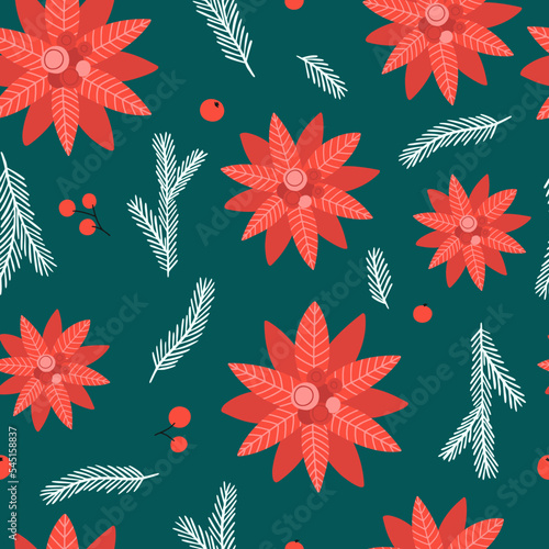 Christmas and seamless pattern with with with Christmas flowers and fir branches. Background with poinsettia red and rowan berries. Vector background for fabric, wrapping paper and holiday textile.