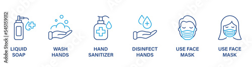 Virus Precaution Banner. Sanitizer and Liquid Soap, Wash, Disinfect Hands, Use Face Mask Icon. Coronavirus Prevention Line Icon Set. Sign for Medical Poster. Editable stroke. Vector illustration