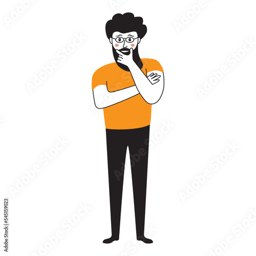 Pensive man thinking with hand on chin.Character have a question.Vector illustration in cartoon style.Pensive or thinking young guy.Isolated on white background.