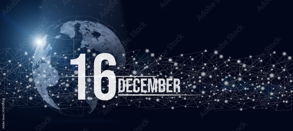 December 16th. Day 16 of month, Calendar date. Calendar day hologram of the planet earth in blue gradient style. Global futuristic communication network. Winter month, day of the year concept.