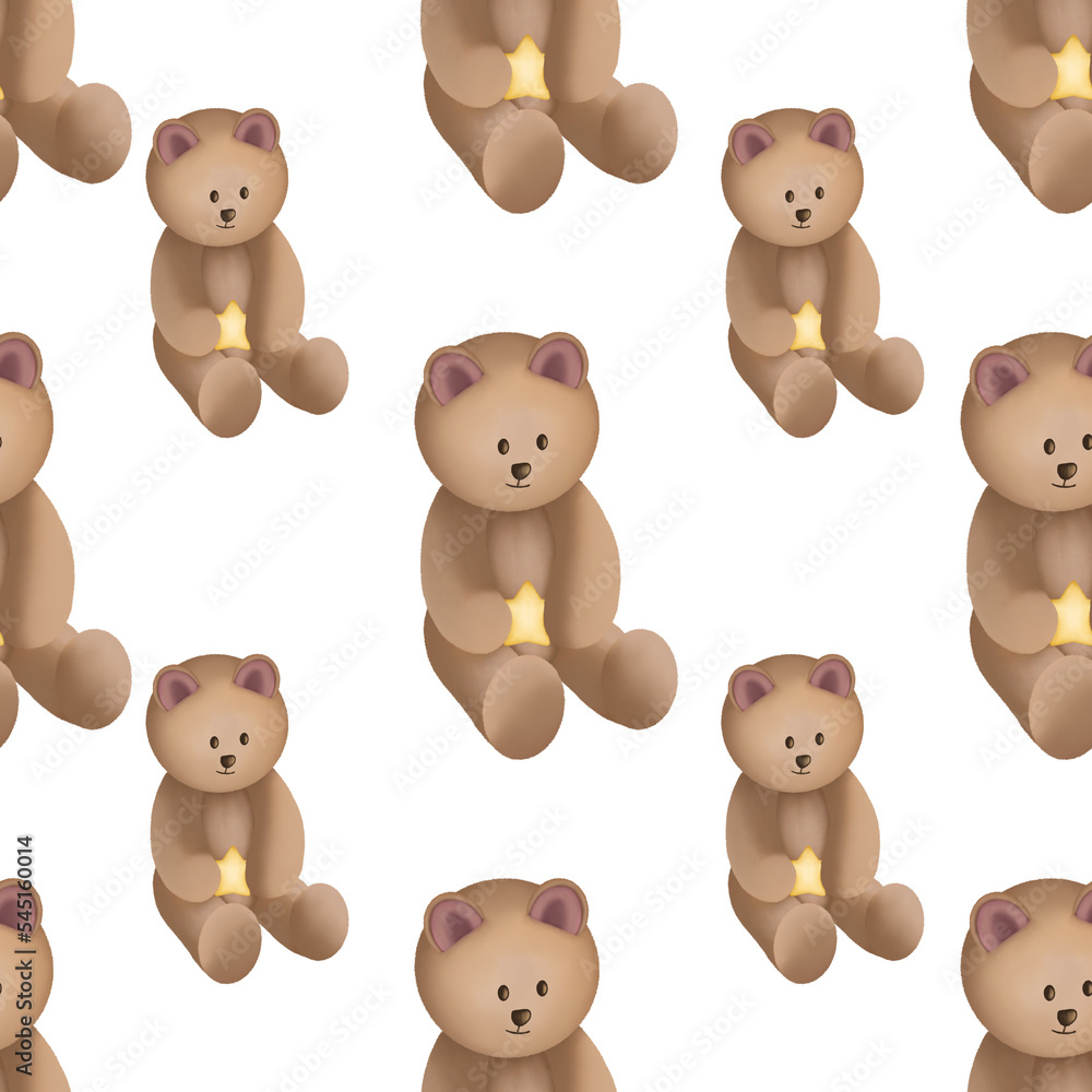 Seamless pattern with teddy bear and star sitting. Watercolor illustration.