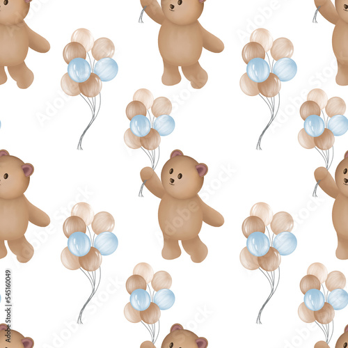 Seamless pattern with teddy bear and colorful balloons. Watercolor illustration.