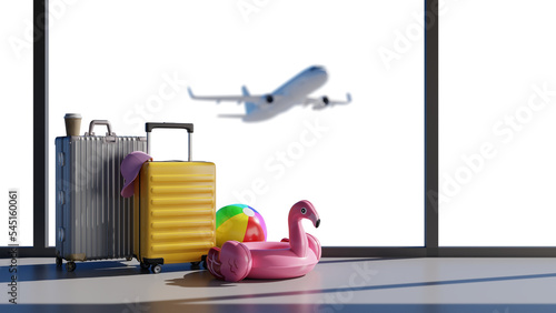 Colorful Suitcases at Airport and Travel Concept Travel Alpha Channel Vacation concept airplane passing behind