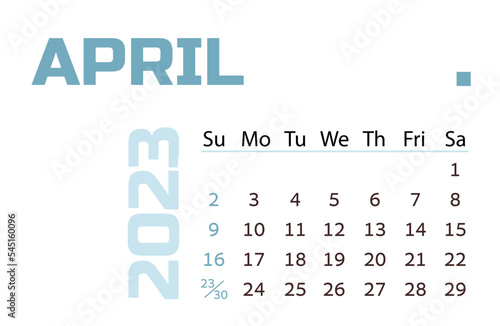 Calendar for the month of april 2023. blue Horizontal calendar