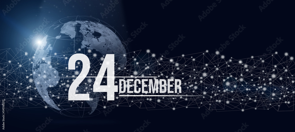 December 24th. Day 24 of month, Calendar date. Calendar day hologram of the planet earth in blue gradient style. Global futuristic communication network. Winter month, day of the year concept.