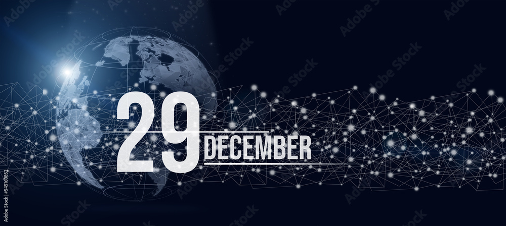 December 29th. Day 29 of month, Calendar date. Calendar day hologram of the planet earth in blue gradient style. Global futuristic communication network. Winter month, day of the year concept.