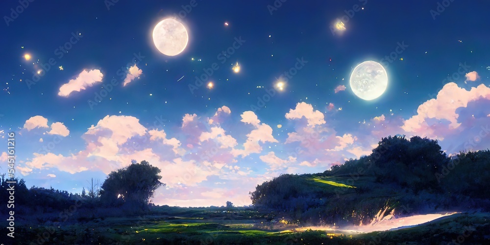 Fototapeta premium grassland moon night watercolor landscape background