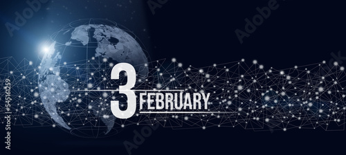 February 3rd. Day 3 of month, Calendar date. Calendar day hologram of the planet earth in blue gradient style. Global futuristic communication network. Winter month, day of the year concept.