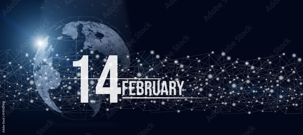 February 14th. Day 14 of month, Calendar date. Calendar day hologram of the planet earth in blue gradient style. Global futuristic communication network. Winter month, day of the year concept.