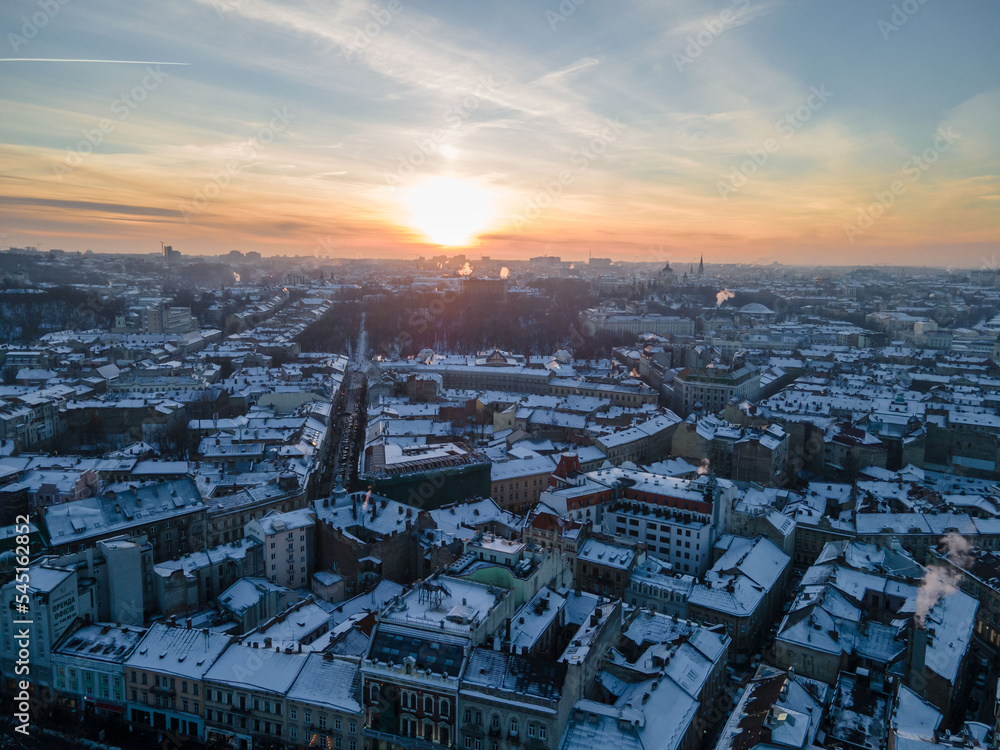 aerial view of sunset above the winter Lviv city