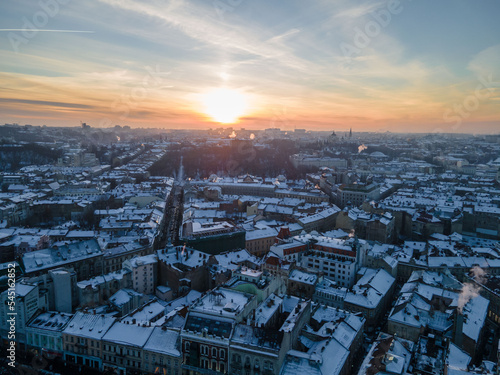 aerial view of sunset above the winter Lviv city