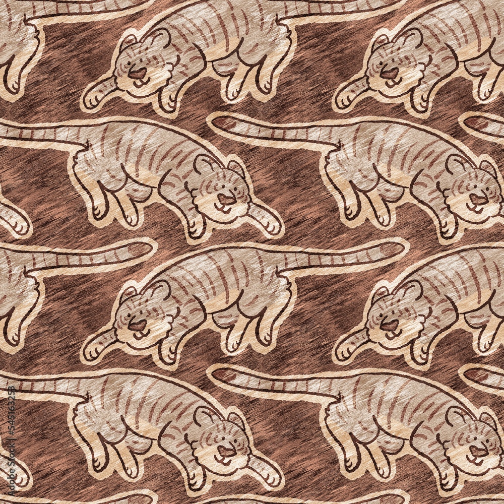 Cute safari wild tiger animal pattern for babies room decor. Seamless big cat furry brown textured gender neutral print design. 