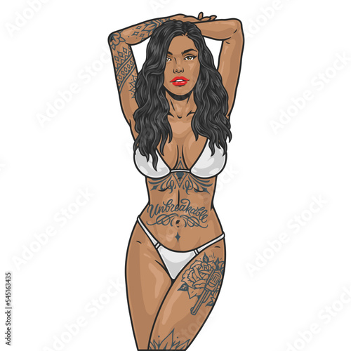 Woman with tattoos colorful emblem