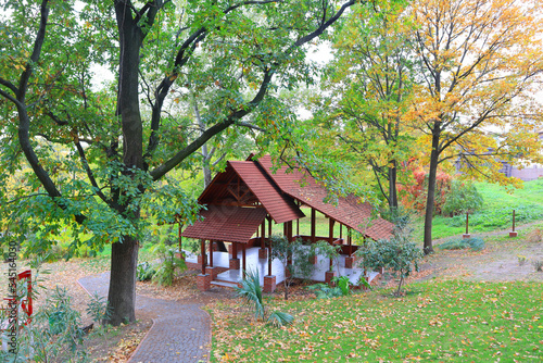 Indonesian traditional garden in Hryshka National Botanical Garden of the National Academy of Sciences of Ukraine in autumn time in Kyiv
