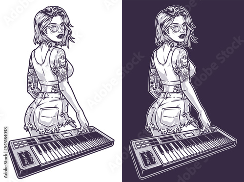 Woman playing synthesizer monochrome sticker