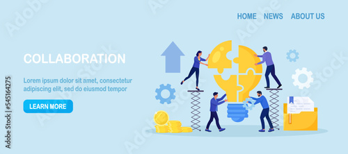 Teamwork or partnership. Business people connect light bulb puzzle together. Team collaboration for business idea. Creative entrepreneurs brainstorming to solve problem, colleagues working on start up