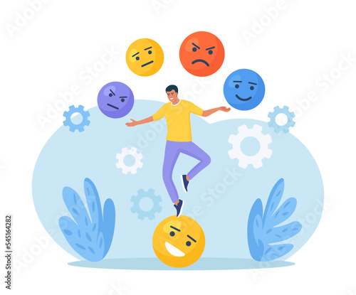 Emotional intelligence, balance of anxiety and happiness. Man juggles emoticons, expression emotional faces. Emotions, mood control. Mindfulness and psychology. Consciousness, self development