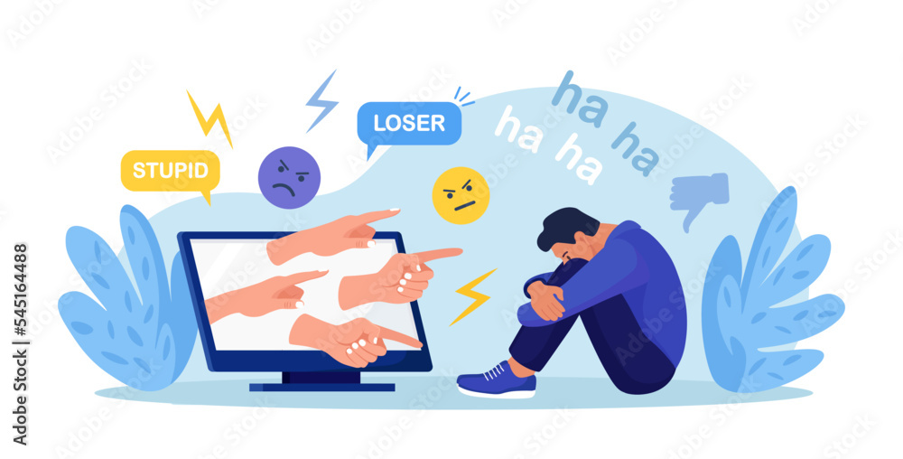 Cyber Bullying. Sad teenage man sitting in front of computer with dislike in social media, mockery. Depressed young person after insult, swear, verbal abuse in internet. Depression, stress concept