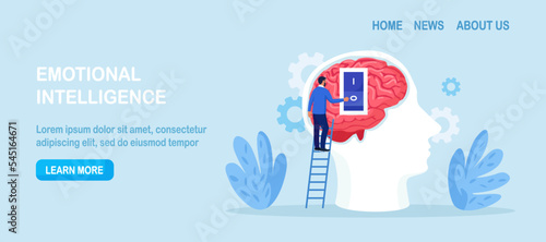 Emotional intelligence. Emotions turn on and off. Human head silhouette with emotion on or off toggle switch inside. Psychology, cognitive process. Ability to influence expressions. Brain activation