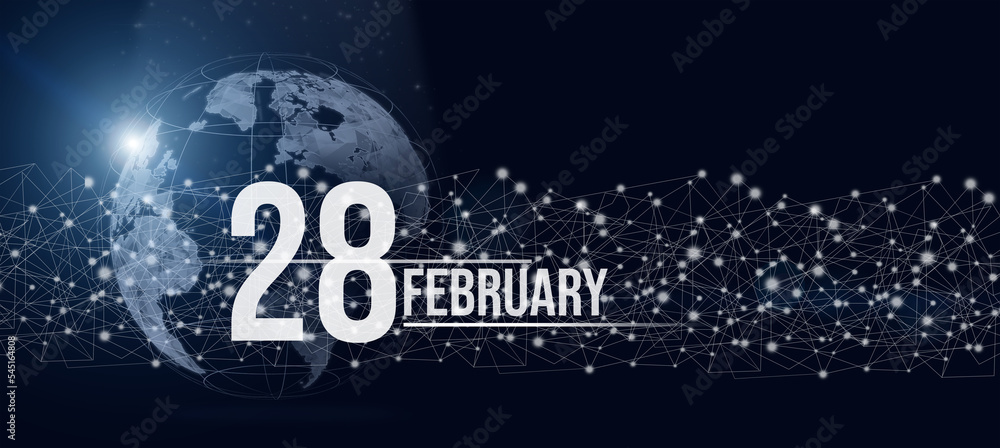 February 28th. Day 28 of month, Calendar date. Calendar day hologram of the planet earth in blue gradient style. Global futuristic communication network. Winter month, day of the year concept. February 28th. Day 28 of month, Calendar date. Calendar day hologram of the planet earth in blue gradient style. Global futuristic communication network. Winter month, day of the year concept.